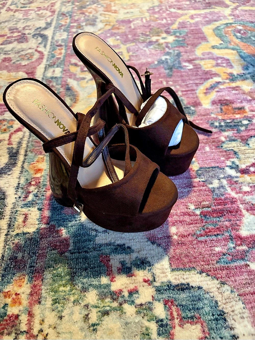 Fashion Nova Strappy Platform Heels in Brown